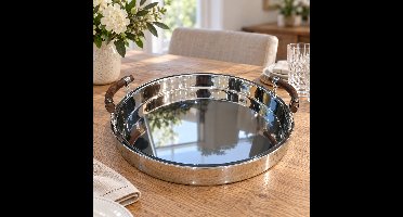 Hoppa! - Dienblad - Rond met houten handgrepen - Chroom/Bruin - 55 x 55 x 12 cm (B x D x H)
