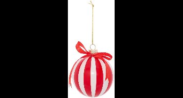 Boule de Noël motif nœud en verre rayée rouge et blanc D. 80 mm