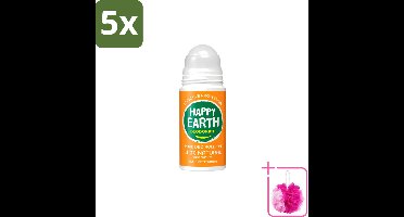 5 x Happy Earth – Deodorant Roll-On – 100% Natuurlijk Rose Petitgrain – 75 ml - Bulkverpakking - Natuurlijke deodorant - Douchemop - Roll-on deodorant