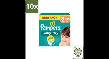 10 x Pampers – Luiers – Baby Dry Maat 3 – 150 Luiers - Wasstrips - Baby-dry Luiers - Lekken Voorkomen - Droge Nachten - Comfortabele Luiers - Stop En Bescherm Pocket