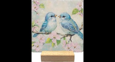 Decoratie tegel - Blue birds - natuursteen - 10x10 cm - inclusief houder