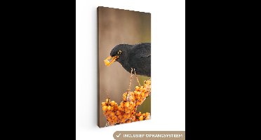 OneMillionCanvasses - Canvas schilderij - Vogel - Merel - Winter - IJs - Bes - Schilderijen woonkamer - Canvas doek - 80x160 cm - Muurdecoratie