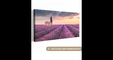 OneMillionCanvasses - Canvas schilderij - Lavendel - Schuur - Bloemen - Zonsondergang - Canvas natuur - Foto op canvas - 300x140 cm - Muurdecoratie - Slaapkamer
