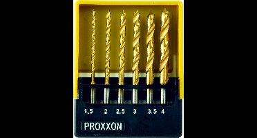 Proxxon Micromot 28 876 HSS Metaal-spiraalboorset 6-delig 1.5 mm, 2 mm, 2.5 mm, 3 mm, 3.5 mm, 4 mm TiN Cilinderschacht