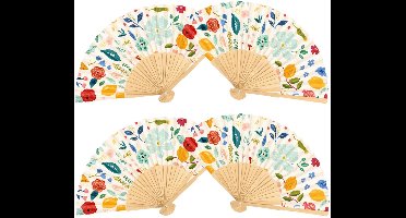 Spaanse hand waaier - 4x - bloemen - wit - 21 cm - bamboe/papier