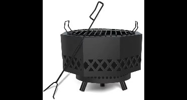 G&G Vuurkorf – Vuurschaal – Tuinhaard - Terrashaard - BBQ - Voor buiten – Metaal – Asopvangbak – Vuurhaak – 41cm diameter - Zwart