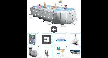 Intex Ovaal Prism Frame Zwembad - 610 x 305 x 122 cm - Grijs - Inclusief Pomp - Ladder - Grondzeil - Afdekzeil - Vloertegels - Stofzuiger - 9-delig