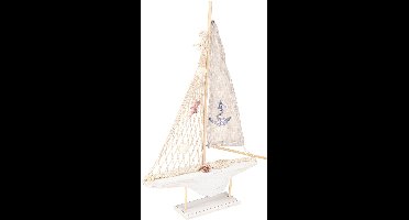 Zeilboot decoratie hout grenen op voet naturel wit H39cm