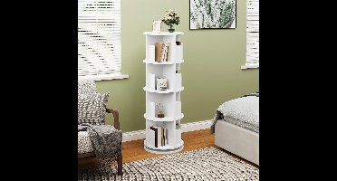 Sierra Roterende boekenkast, hoekboekenkast, 4 niveaus, 16 vakken, vrijstaande witte boekenkast, voor woonkamer, slaapkamer, kantoor, studeerkamer, draaibare houten boekenplank, wit