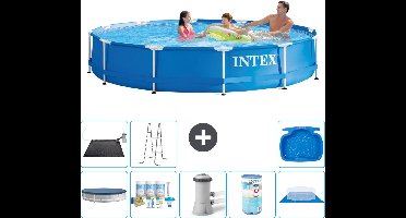 Intex Rond Frame Zwembad - 366 x 76 cm - Blauw - Inclusief Afdekzeil - Onderhoudspakket - Zwembadfilterpomp - Filter - Grondzeil - Solar Mat - Ladder - Voetenbad - 9-delig