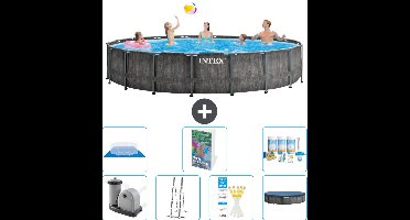 Intex Rond Prism Frame Greywood Zwembad - 549 x 122 cm - Inclusief Pomp - Ladder - Grondzeil - Afdekzeil - Onderhoudspakket - 8-delig