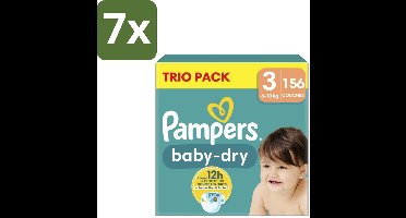 7 x Pampers – Luiers – Baby-Dry Trio Pack Maat 3 (6-10 kg) – 156 Luiers - Baby Luiers - Droge Luiers - Anti-lek Luiers - Baby Droogheid - Nachtluier