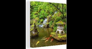 OneMillionCanvasses - Canvas schilderij - Waterval - Koi - Japanse lantaarn - Mos - Water - Natuur - Schilderijen op canvas - 20x20 cm - Canvasdoek - Muurdecoratie - Woonkamer