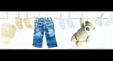 WASLIJN MET BABYSPULLETJES BEHANGRAND | Kinderkamer - blauw creme wit - A.S. Création Only Borders
