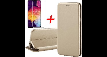 Hoesje geschikt voor Samsung Galaxy A50 - Screen Protector GlassGuard - Book Case Kunstleer ThinShield Goud & Screenprotector