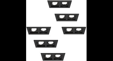 HOFTRONIC - Set van 6 Fresno Dubbele Inbouwspots - Rechthoek - 2x GU10 - 6000K Daglicht wit - 10 Watt 800 lumen - Kantelbaar - IP20 stofdicht - Zwart