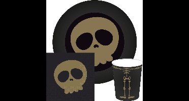 Halloween/horror doodshoofd/schedel feest servies bordjes/servetten/bekertjes - 52x - zwart - papier