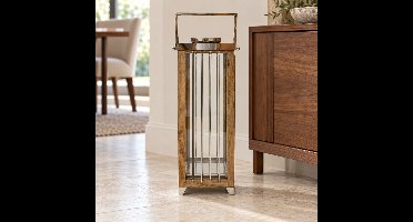 Hoppa! Hoge lantaarn met verticale metalen strips - Naturel/Chroom - 23 x 23 x 66 cm (B x D x H)