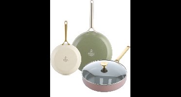 BK Sublime Pannenset 3-delig - Koekenpannen 24/28cm - Hapjespan met deksel 28cm/3.6L - PFAS vrije antikleeflaag - Pannenset inductie - Keramische Pannenset - Ovenbestendig tot 220°C - Strawberry Matcha