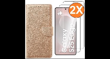 Hoesje Geschikt voor Samsung Galaxy S25 Edge hoesje bookcase Goud met screenprotectors 2 stuks