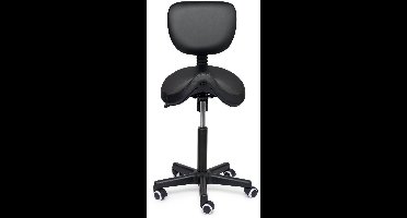 Premium Zadelkruk met Rugleuning / Kapperskruk Zwart – Ergonomische Zadelstoel met 4 cm Koudschuim Zitting, In Hoogte Verstelbaar - Laag (40-57cm) / Zonder voetsteun / Standaard wielen
