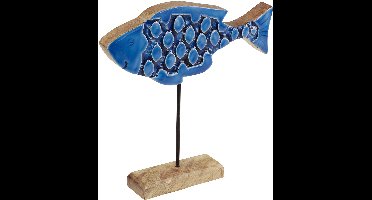 Maritieme decoratieve houten vis op standaard blauw 25cm x 24,5cm