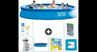 Intex Rond Opblaasbaar Easy Set Zwembad - 457 x 84 cm - Blauw - Inclusief Pomp - Afdekzeil - Onderhoudspakket - Vloertegels - 7-delig
