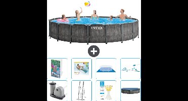 Intex Rond Prism Frame Greywood Zwembad - 549 x 122 cm - Inclusief Pomp - Ladder - Grondzeil - Afdekzeil - Loungebed - Schoonmaakset - 9-delig