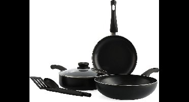 BK Brilliant Pannenset 5-delig - 20/24/28cm - 2.65/3.7L - PFAS-vrije antikleeflaag - Pannenset inductie - Keramische pan - Ovenbestendig tot 160°C - Hapjespan 28cm met deksel - Koudgrepen - Zwart