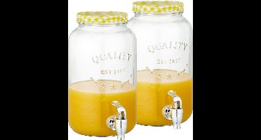 Set van 2x stuks glazen drankdispensers/limonadetap met geel/wit geblokte dop 3,5 liter - Tapkraantje