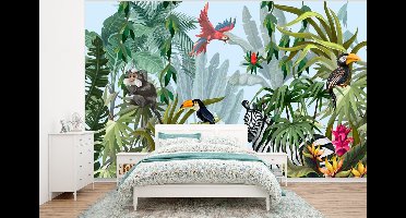 Behang - Fotobehang Jungle - Natuur - Jongens - Meisjes - Kinderen - Zebra - Flamingo - Breedte 295 cm x hoogte 220 cm