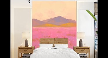 Behang - Fotobehang Bloemenweide - Heuvels - Silhouet - Roze - Breedte 160 cm x hoogte 220 cm