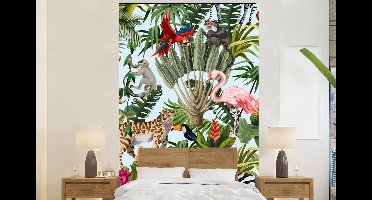 Behang - Fotobehang Jungle - Dieren - Meisjes - Kinderen - Jongens - Flamingo - Papegaai - Breedte 200 cm x hoogte 300 cm