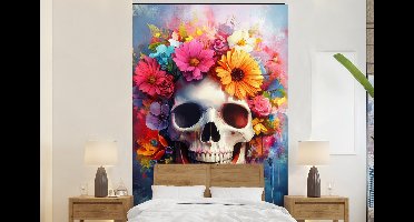 Behang - Fotobehang Schedel - Bloemen - Doodshoofd - Kleurrijk - Breedte 145 cm x hoogte 220 cm