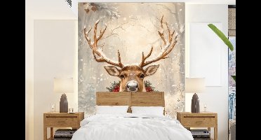 Behang - Fotobehang Kerst - Rendier - Winter - Krans - Breedte 160 cm x hoogte 220 cm