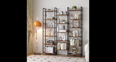 Sierra Boekenplanken, Staande Schappen, Schap Met 17 Schappen, 6 Niveaus, In Afstand Verstelbaar, 24 X 152 X 186 cm, Belastbaar Tot 340 kg, Woonkamer, Kantoor, Vintage Bruin-Zwart