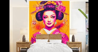 Behang - Fotobehang Bloemen - Vrouw - Kimono - Roze - Breedte 160 cm x hoogte 220 cm