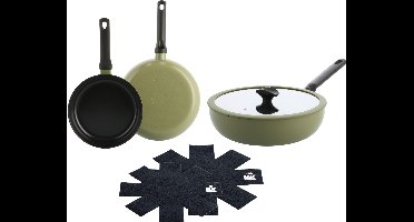 BK Enjoy Pannenset 3-delig - Koekenpannen 24/28cm - Wokpan met deksel 28cm/4.2L - PFAS-vrije antikleeflaag - Pannenset inductie - Keramische Pannenset - Ovenbestendig tot 160°C - Koudgrepen - Met Panbeschermer - Olijfgroen