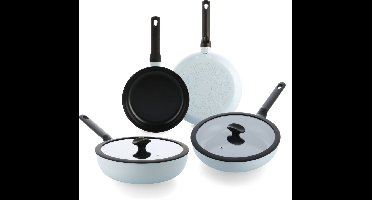 BK Enjoy Pannenset 4-delig - 24/28cm - 3.4/4.2L - PFAS-vrije antikleeflaag - Pannenset inductie - Keramische pan - Ovenbestendig tot 160°C - Koudgrepen - Met glazen deksel - Lichtblauw