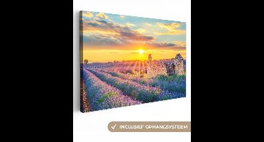 OneMillionCanvasses - Canvas schilderij - Lavendel - Zonsondergang - Bloemen - Wolken - Canvas doek - 90x60 cm - Foto op canvas - Wanddecoratie