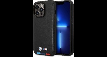 BMW M Line Tricolor Stamp Leather Back Case (Magsafe Compatible) - Geschikt voor Apple iPhone 14 Pro Max (6.7") - Zwart