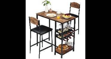 Bartafel Set – Barset – Hoge Eettafel – Bistro Set – Keukentafel Set – Industrieel Design – Inclusief 2 Barkrukken, Wijnrek En Glazenhouder – Compact Voor 2 Personen – Bruin