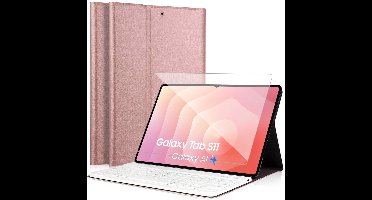 Hoes met toetsenbord geschikt voor Samsung Galaxy Tab S11 - Screen Protector GlassGuard - Keyboard Book Case Cover Hoesje Rose & Screenprotector