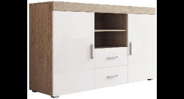 Sierra Muebles Bonitos | Dressoir Modern voor woonkamer of eetkamer | Breedte 140 x Hoogte 80 x Diepte 40 cm | Afwerking Mat Sonoma en glanzend Wit | 2 Deuren | 2 Laden | TV-meubel | Model Roque