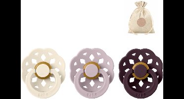 Bibs boheme fopspenen - Maat 1 0 - 6 maanden - Ivory, Dusky Lilac, Plum + Bolletoet speenzakje