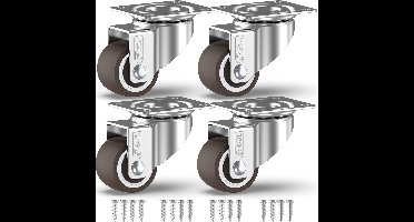 wielen + Schroeven - Heavy Duty - tot 40KG - 4 Geen vloersporen - Rubberen - Wielbreedte 2 Inch - Zilver