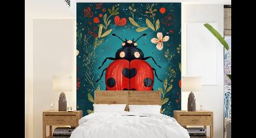 Behang - Fotobehang Bloemen - Lieveheersbeestje - Hartje - Rood - Breedte 160 cm x hoogte 220 cm