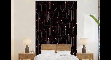 Behang - Fotobehang Gaming - Lijnen - Netwerk - Stippen - Rood - Breedte 145 cm x hoogte 220 cm
