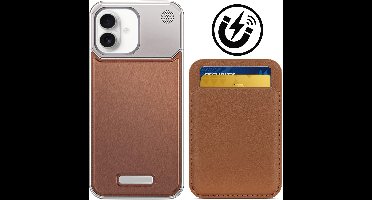 Metalen Aromatiserend Frame Hoesje + Pasjeshouder geschikt voor iPhone 16 Plus MagSafe – Luxe Lederen Case in je handpalm & Portemonnee Kaarthouder – Bruin