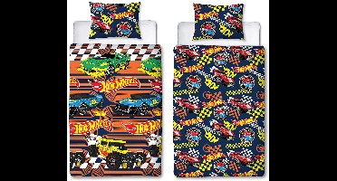 Hot Wheels Dekbedovertrek Eenpersoons - Speed Raceauto - Omkeerbaar - Geschikt voor 140x200 cm - Inclusief Kussensloop - Microvezel - Blauw/Rood